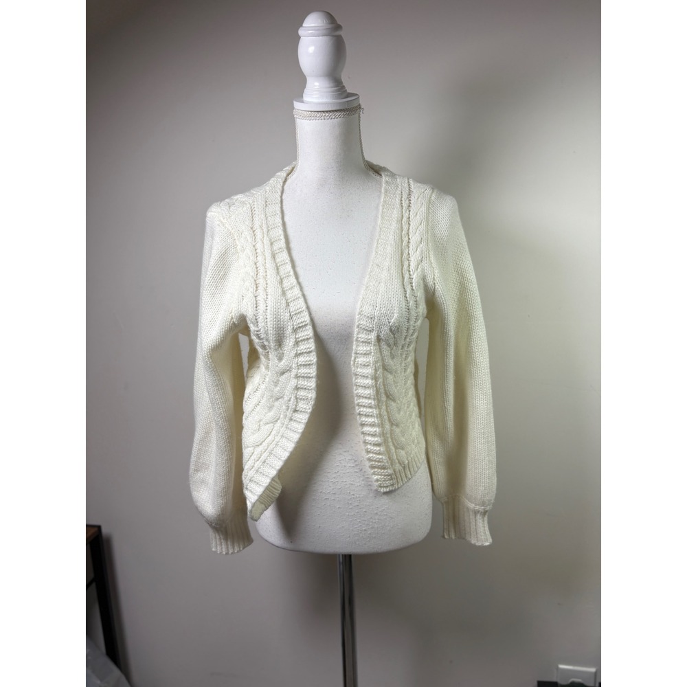Cream Cable Knit Cropped Open Front Cardigan Sweater Small Puff Sleeve Ivory